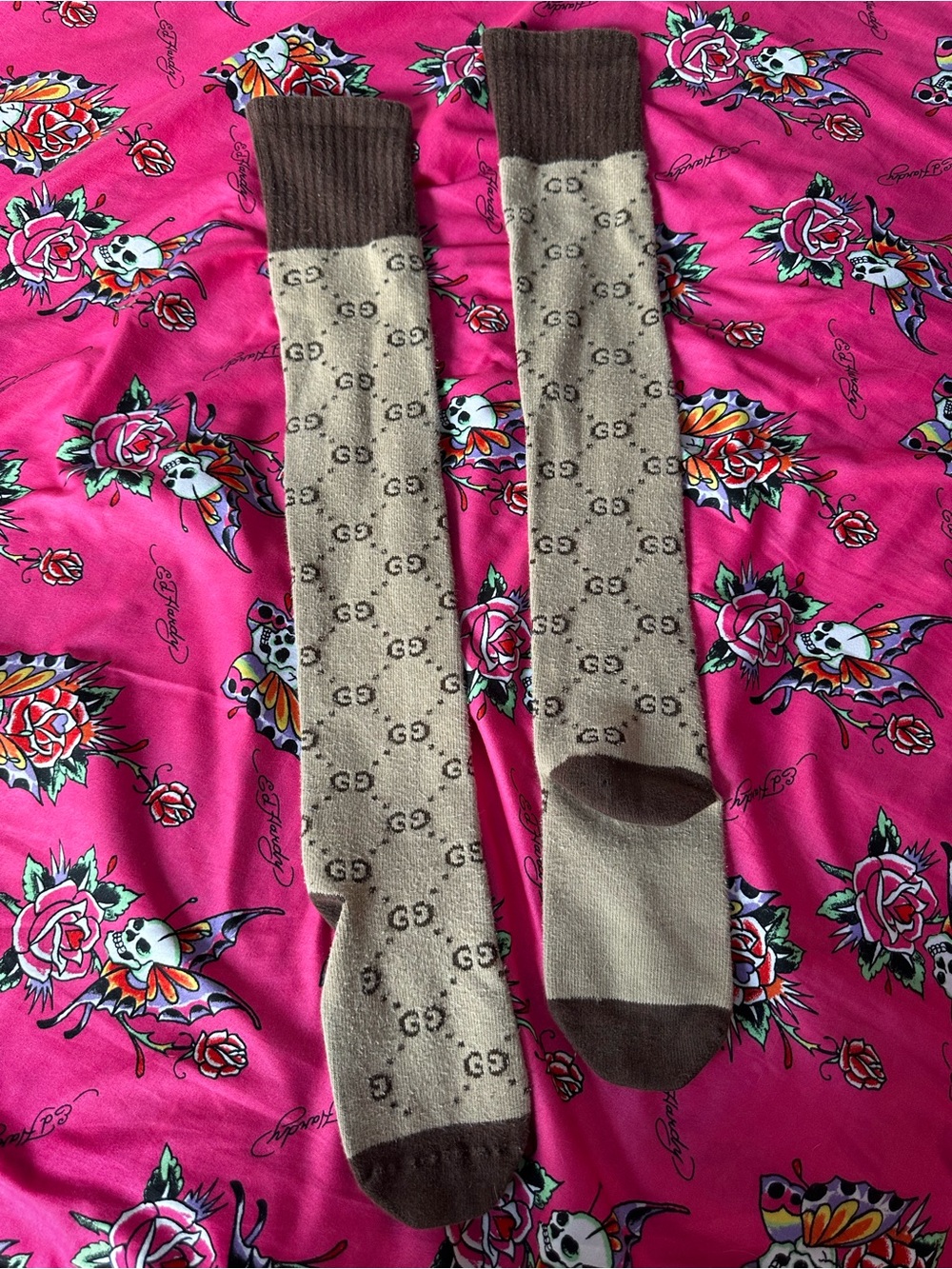 Gucci Beige & Brown Logo Knee-High Socks